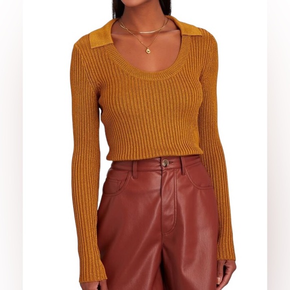 Intermix Collared Scoop Neck Copper Orange Ribbed Knit Cropped Sweater Top - S - Picture 15 of 15